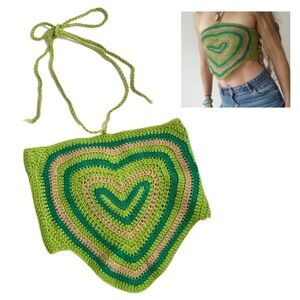 Heart Shape Crochet Cropped Top Lace Up Back Green Size Small Boho Festival